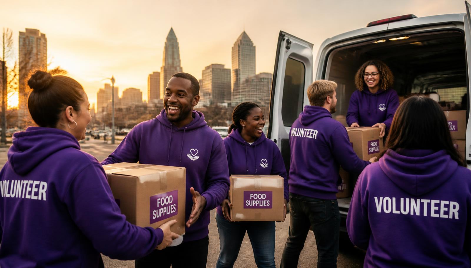 Volunteers in purple hoodies loading supply boxes into an outreach van at sunrise